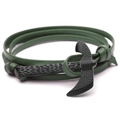 Close-up of green leather wrap bracelet with a black metal axe charm clasp detail - Green