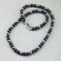 Men's beaded necklace with matte black hematite, tiger eye stones and silver T-bar clasp - Matte Black