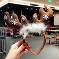 Cerchietto con corna di renna marrone con fiocchi di neve bianchi e piume soffici - Corna Marroni Grandi
