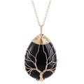Tree of Life teardrop necklace with black natural stone and gold wire wrap - Obsidian Gold