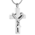 Detailed view of silver stainless steel cross pendant with diamond-encrusted heart and snake chain - Snake Chain / Silver