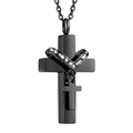 Detail of black stainless steel cross cremation necklace with sparkling crystal inlay - O-shape Chain / Black