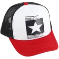 Red, white, and black tricolor mesh trucker hat with five-pointed star and text print - Adjustable / Red