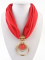 Detail of red fabric scarf necklace with gold double ring pendant and center bead - Red