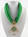 Detail of green fabric scarf necklace with gold alloy concentric rings and green stone - Green