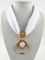 Detail of white fabric scarf with layered gold alloy rings and white shell pendant - White