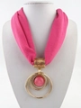 Detail of rose pink scarf necklace with golden triple rings and central pink gemstone bead - Rose Red