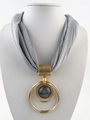 Detail of grey knitted scarf necklace featuring a gold double ring marble stone pendant - Light Gray