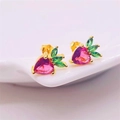 S925 sterling silver strawberry stud earrings with pink heart cubic zirconia stones - Full S925 Sterling Silver / Gold