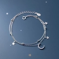 Bracciale a doppio strato in argento S925 con stelle lucide e ciondolo a luna scintillante - Argento