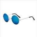 Retro round silver metal sunglasses with blue mirrored lenses and black temple tips - Silver Frame Blue Mirror Lens