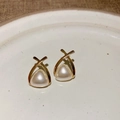 Elegant gold-tone cross stud earrings with a triangular white freshwater pearl center - Silver Pin - X-Shaped Cross Imitation Pearl