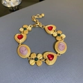 Bracciale dorato vintage con gemme a cuore rosse e ciondoli cammeo viola - Bracciale con Pendente Ritratto Cuore Rosso Viola / Bracciale d'Oro(HE10126)