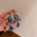 Vintage style gold earrings with blue cameo portrait and teardrop crystal pendants - Blue Portrait Earrings(HE10126)