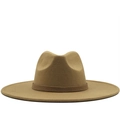 Classic camel wool wide brim fedora hat with matching decorative band for women - M (56-58cm) / Light Khaki