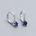 S925 sterling silver hoop earrings with a round dark blue zircon in a six-prong setting - Platinum Color (Blue Stone)
