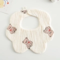 Cotton gauze baby bib featuring a brown cartoon bear print and snap closure - Gauze Flower Scarf - Red Scarf Bear