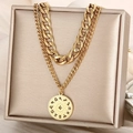 Detail of gold double-layered titanium steel necklace with circular zodiac pendant - Gold Style (KN236387-Z)