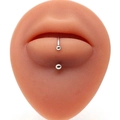 Silver stainless steel lip stud piercing displayed on a realistic silicone lip model - Polished Ball / Silver