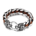 Men's braided leather bracelet with silver wolf head clasp and stainless steel chain - Black Brown Braided Tiger Style (KB44134-D)