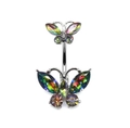 Double butterfly belly button ring with silver finish and iridescent gemstones - Steel Iridescent Zirconia