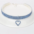 Three-row blue rhinestone pet collar with a sparkling heart pendant and silver chain - Blue / S (20+5cm)