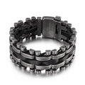 Bracciale punk da uomo con fibbia in acciaio inossidabile 316L e pelle nera intrecciata - Stile Industriale a Catena del Carro Armato (KB79346-BD)