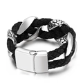 Bracciale da uomo largo in pelle intrecciata con chiusura magnetica in acciaio e texture a scaglie - Stile a Scaglie di Drago in Pelle Bovina Intrecciata Nera (KB134505-BDJX)