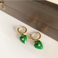 Vintage gold hoop earrings with green heart-shaped charms and small gold heart accents - Hoop Earrings / Green Heart