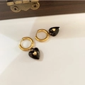Titanium steel gold hoop earrings featuring a black heart charm with small gold inlay - Hoop Earrings / Black Heart