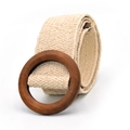 Cintura elastica intrecciata crema con fibbia rotonda in legno marrone scuro per abiti - Fibbia Rotonda / Bianco