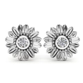 Macro shot of silver sunflower earrings featuring round center stones and textured petals - White Gold