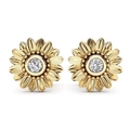 Macro view of 18k gold plated sunflower stud earrings with sparkling zircon center - Gold