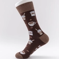 Brown crew socks with coffee bean patterns and latte art illustrations for men - One Size / Dark Coffee Pattern