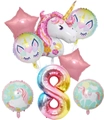 Detailed view of unicorn foil balloon set with large rainbow gradient number 8 and pink stars - Unicorn Set for 8th Birthday