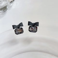Exaggerated matte black bow earrings with faceted smokey grey crystals for women - Black Silver Pin Crystal Bowknot Stud Earrings