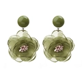 Elegante olijfgroene bloemoorbellen met chiffon blaadjes en roze kralen in het hart - Oorbellen (Lang) / Groen