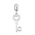 Detailed view of silver titanium key pendant with soft pink enamel heart detail - Heart Key Pink