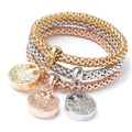 Detailed view of tree of life pendants on gold, silver, and rose gold popcorn chain bracelets - 1042 Tree of Life Set