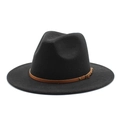 Close-up of black wool fedora hat featuring a brown leather band and bronze metal buckle - M(56-58cm) / Black