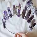 Handmade amethyst crystal crown with silver moon pendant on a minimalist metal headband - Purple Standing Style - Solid Star Moon