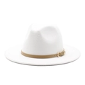 Classic white wide brim wool fedora hat with khaki leather band and gold buckle details - White