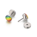 Rainbow striped stainless steel stud earrings with secure screw back closure design - Silver Rainbow Dumbbell Stud (KE103943)