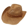 Classic straw western cowboy hat with brown decorative rope on a plain white background - One Size / Khaki
