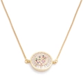 Makro-Detail einer goldenen Halskette mit rundem Evil-Eye-Anhänger und Zirkon-Inlay - Runder Anhänger / Gold-Rundes Böses Blick