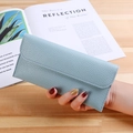 Light blue long wallet for women with litchi texture and envelope flap closure - Light Blue