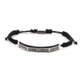 Dettaglio del bracciale regolabile in corda intrecciata nera con barra in metallo e zirconi - Bracciale Intrecciato a Mezzaluna Argento / Oro Bianco