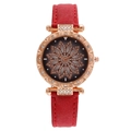 Montre quartz femme avec bracelet en cuir rouge et cadran fleuri en strass rose doré - Rouge