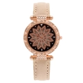 Women's starry sky quartz watch with rose gold diamond bezel and beige leather strap - Beige