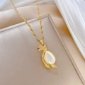 Elegant gold phoenix necklace with teardrop cat-eye stone and crystal accents on silk - Gold Phoenix Pendant (F515)